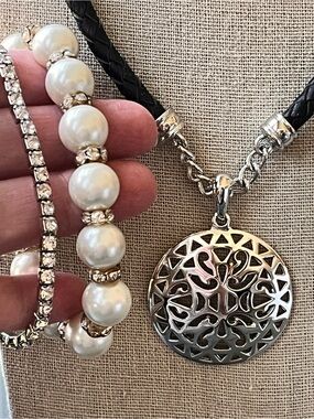 Silver Filigree Pendant Necklace with Black Braided Cord + Two Bracelets shown